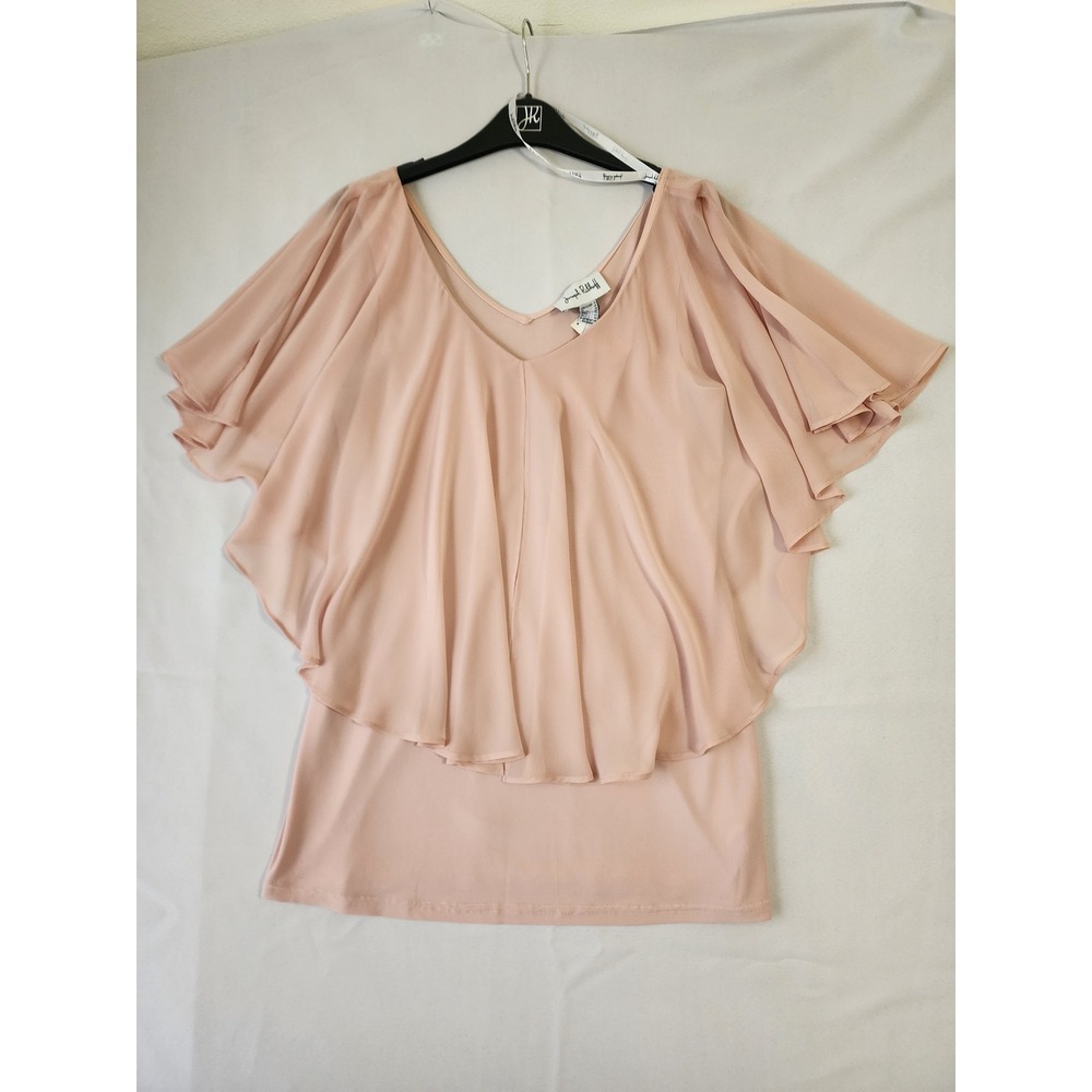 Joseph Ribkoff Rose Pink Chiffon Layered Cape Sleeve Blouse 201158 NWT Size 12